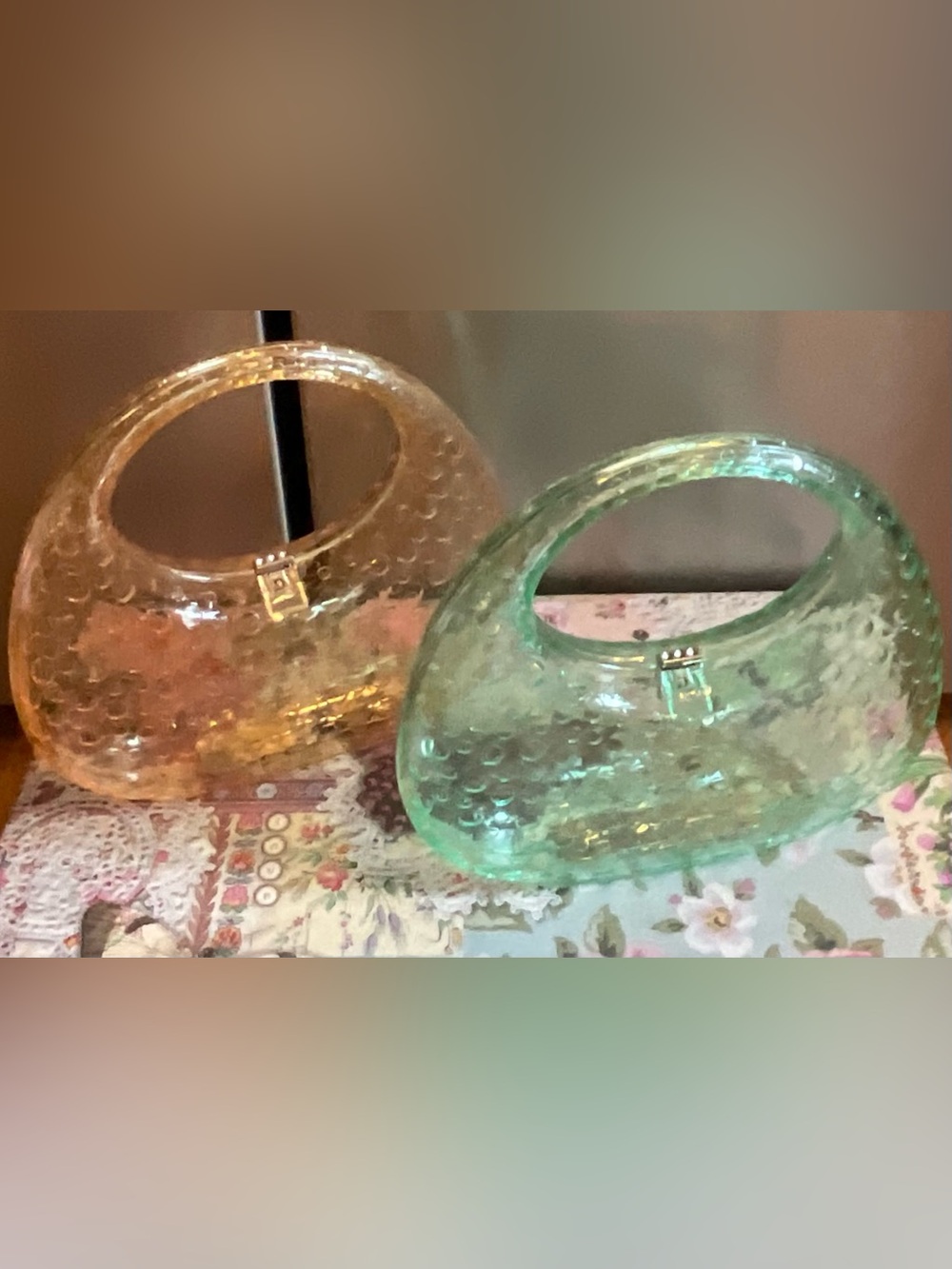 Lot of 2 Rhinestone Acrylic Bubble Crescent Handbags Y2K Decor Clutches